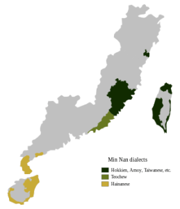 A map of where different variants of Southern Min are spoken. Click for larger image.